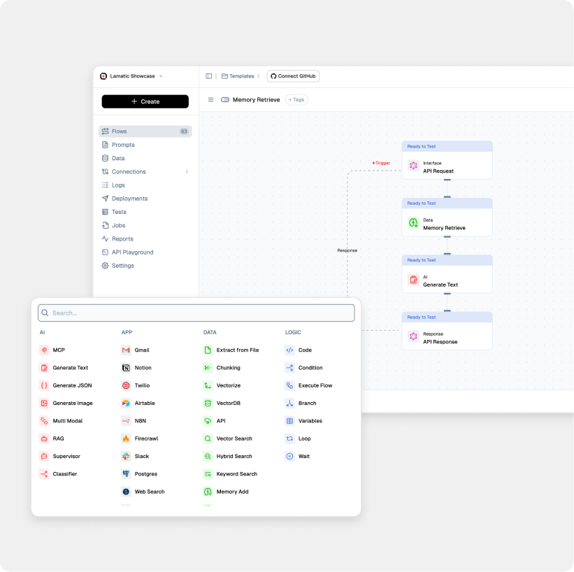 Lamatic visual flow builder with the node library open